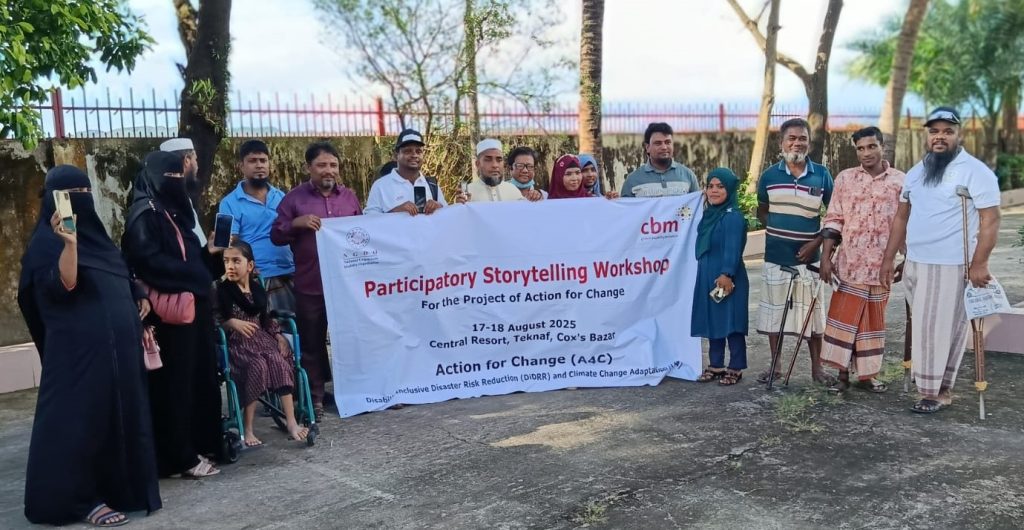 A group of persons with diverse disabilities and facilitators pose together during the Participatory Inclusive Storytelling Workshop under the Action for Change (A4C) Project in Teknaf, Cox’s Bazar, promoting disability inclusion and climate resilience.