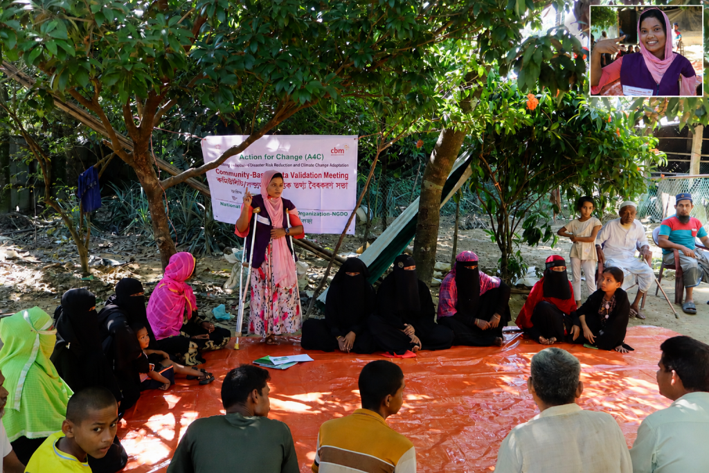 Yasmin Akter, a physically impaired Youth Volunteer and Community Mobilizer, leads a community validation meeting to promote Disability-Inclusive Disaster Risk Reduction and Climate Change Adaptation under the Action for Change (A4C) Project, supported by CBM UK.