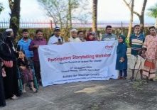 A group of persons with diverse disabilities and facilitators pose together during the Participatory Inclusive Storytelling Workshop under the Action for Change (A4C) Project in Teknaf, Cox’s Bazar, promoting disability inclusion and climate resilience.
