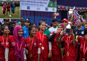 A group of young women with disabilities in red football jerseys celebrate with medals and a trophy at a sports event in Cox’s Bazar, Bangladesh, while an inset image shows Yasmin and Jasmin playing amputee football with crutches, highlighting disability inclusion and climate action.